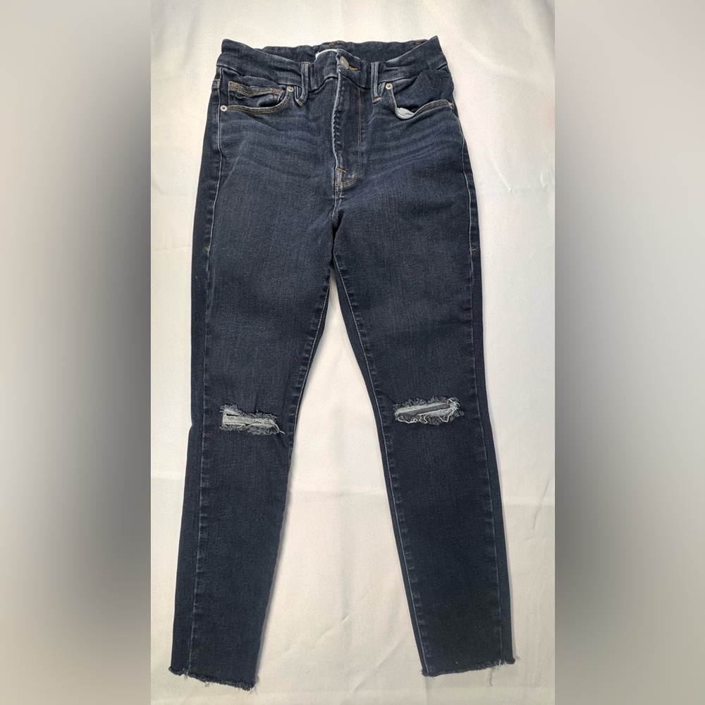 Good American Good Legs Skinny Jeans Dark Wash Distressed Knee Raw Hem Size 6/12